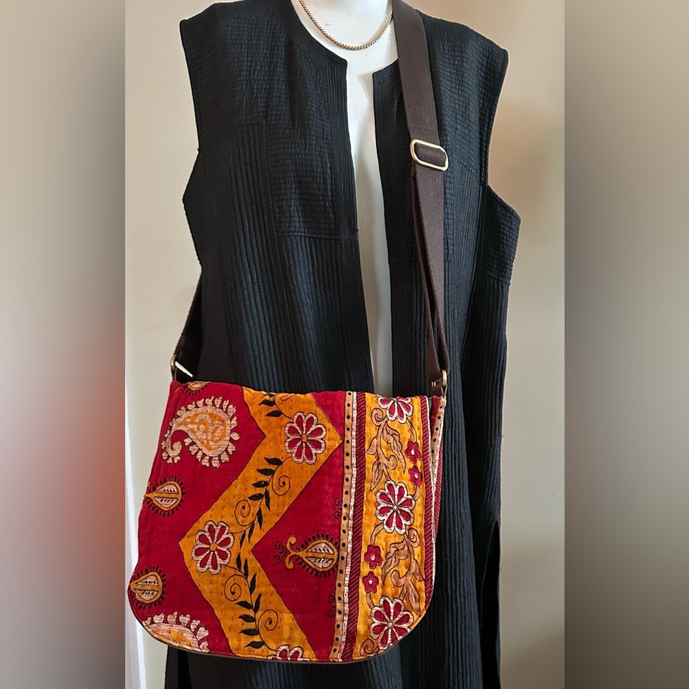 Kantha Cotton Block Print Crossbody Messenger Bag